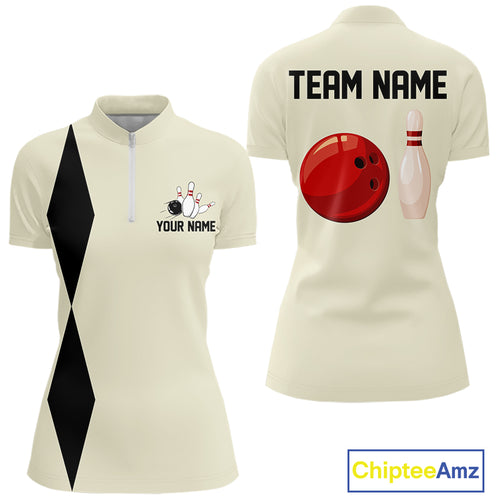 Personalized Retro Bowling Polo, 1/4 Zip Shirt For Women custom vintage bowling team jersey | Beige NQS11015