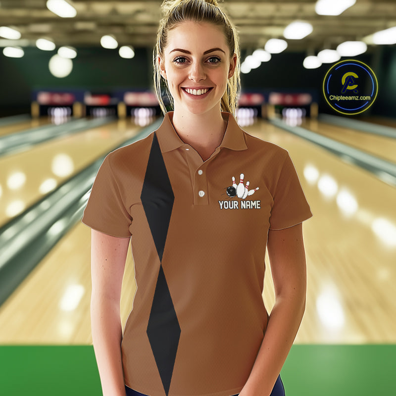 Personalized Retro Bowling Polo, 1/4 Zip Shirt For Women custom vintage bowling team jersey | Brown NQS11016