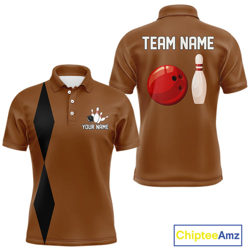 Personalized Retro Bowling Polo, 1/4 Zip Shirts For Men custom vintage bowling team jersey | Brown NQS11016