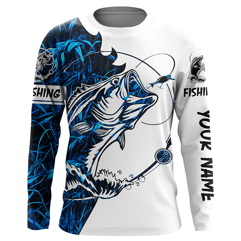 Blue camo Largemouth Bass fishing Custom name Long Sleeve fishing shirts for men, women, Kid NQSD88