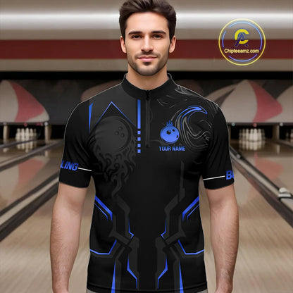 Black and Blue Bowling Polo, Quarter Zip Shirts For Men Custom Bowling Crown Team Jerseys Outfits NQS11221