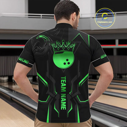 Black and Green Bowling Polo, Quarter Zip Shirts For Men Custom Bowling Crown Team Jerseys Outfits NQS11222