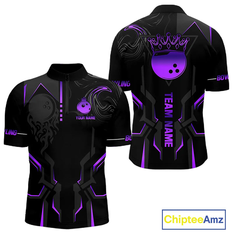 Black and Purple Bowling Polo, Quarter Zip Shirts For Men Custom Bowling Crown Team Jerseys Outfits NQS11223