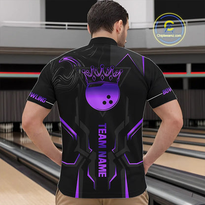 Black and Purple Bowling Polo, Quarter Zip Shirts For Men Custom Bowling Crown Team Jerseys Outfits NQS11223