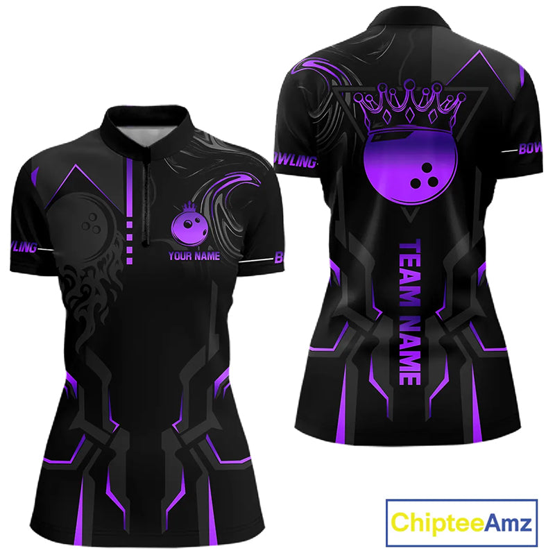 Black and Purple Bowling Polo, Quarter Zip Shirts For Women Custom Bowling Crown Team Jerseys Outfits NQS11223