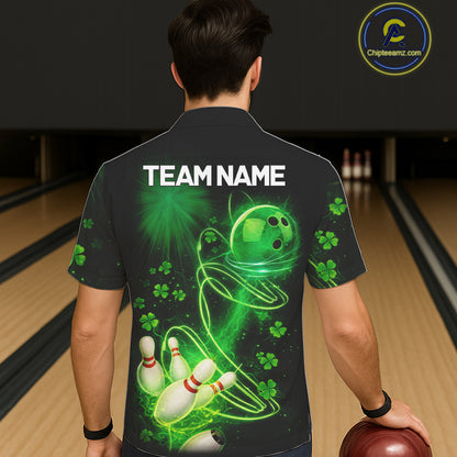 Green shamrock lightning thunder St Patrick's Day button-up bowling shirts custom team bowling jersey NQS11414