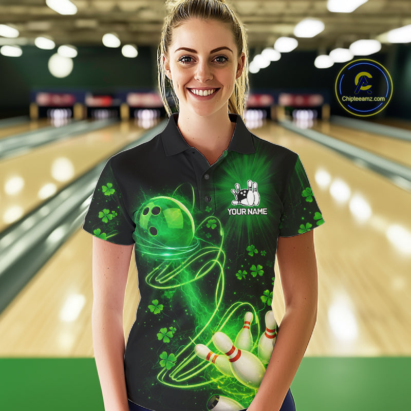 Green shamrock lightning thunder St Patrick's Day bowling shirts for women custom team bowling jersey NQS11414