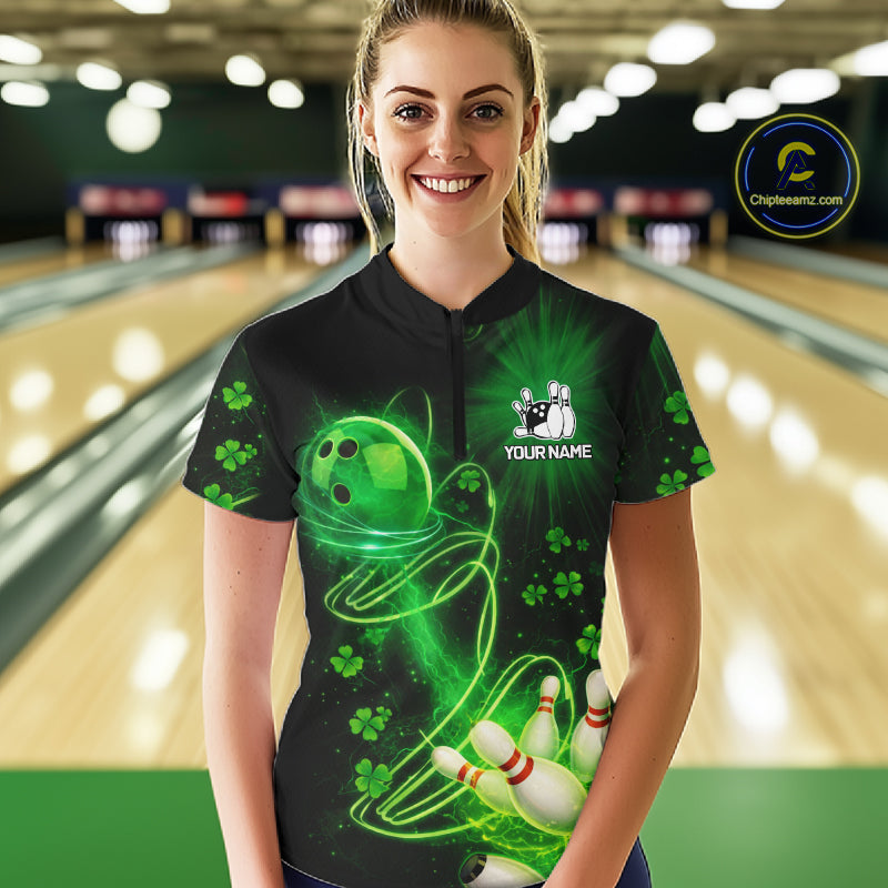 Green shamrock lightning thunder St Patrick's Day bowling shirts for women custom team bowling jersey NQS11414