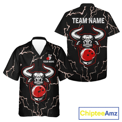 Bowling Bull Thunder Lightning Black & Red Button-up bowling shirts custom Bowling Team League Jersey NQS11417