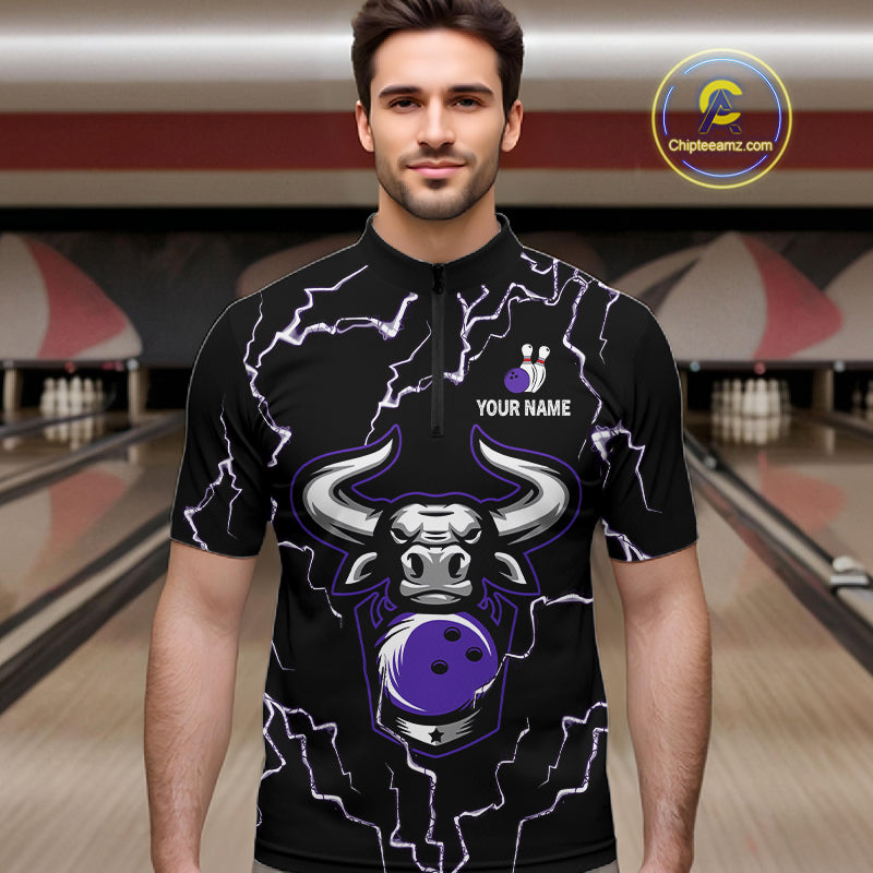Bowling Bull Thunder Lightning Black & Purple Bowling shirt for men custom Bowling Team League Jersey NQS11419