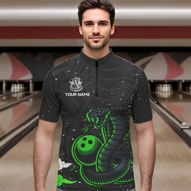 Black and Green Cobra Snake Bowling Polo, Quarter Zip Shirts For Men Custom Name Bowling Team Shirts NQS9655