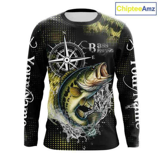 Personalized Black and Green Bass fishing scales compass Performance long sleeve Fishing Team Shirts NQS11725