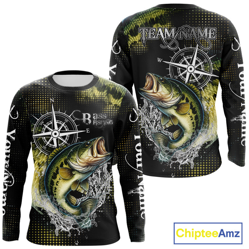 Personalized Black and Green Bass fishing scales compass Performance long sleeve Fishing Team Shirts NQS11725