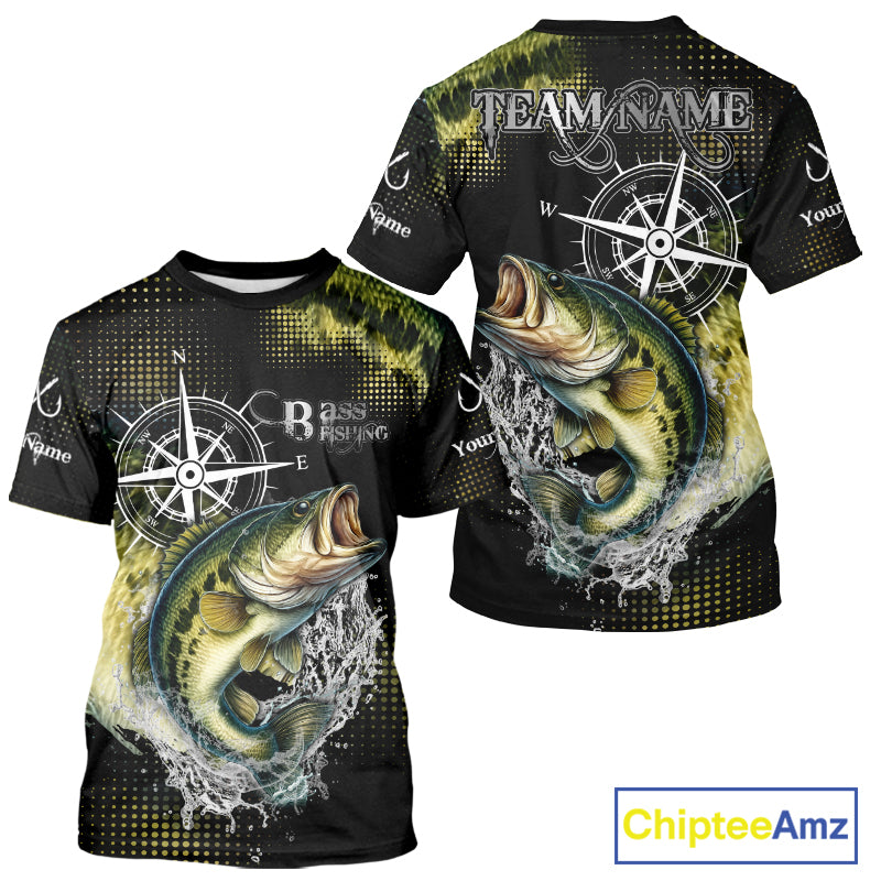 Personalized Black and Green Bass fishing scales compass Performance long sleeve Fishing Team Shirts NQS11725