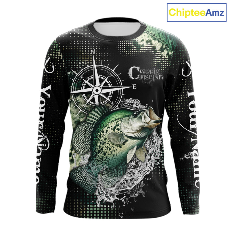 Custom Black and Green Crappie fishing scales compass Performance long sleeve Fishing Team Shirts NQS11727