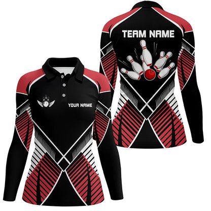Black and Red Retro Bowling Polo, Quarter Zip shirts for women custom team bowling league jerseys NQS7794