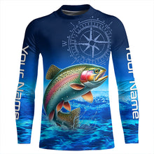 Load image into Gallery viewer, Personalized Rainbow trout Blue Long Sleeve Performance Fishing Shirts, compass tournament Shirts NQS5904