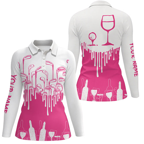 White and Pink womens golf shirt Golf & wine custom name womens golf polo shirts NQS6117