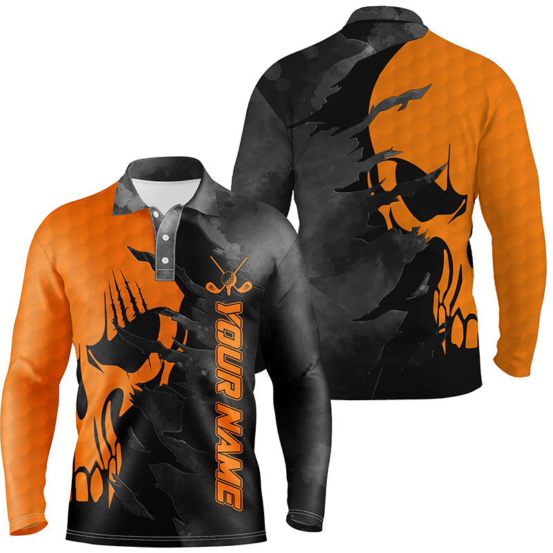 Black and orange Mens golf polos shirts custom name golf skull shirts for men, personalized golf gifts NQS6119