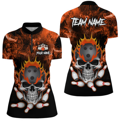 Orange smoke Skull bowling Polo, Quarter Zip shirt for Women Custom Team bowling League jerseys NQS8210