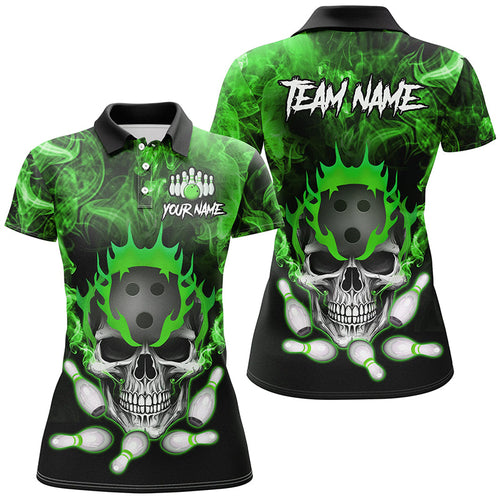 Green smoke Skull bowling Polo, Quarter Zip shirt for Women Custom Team bowling League jerseys NQS8211