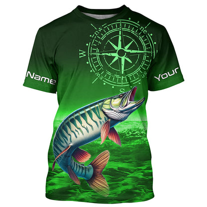 Personalized Musky Green Long Sleeve Performance Fishing Shirts, Muskie compass tournament Shirts NQS6333