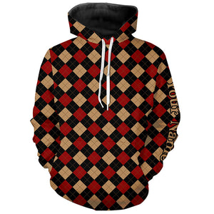 Red argyle plaid pattern golf Hoodies custom golf attire unique golf gifts NQS8441