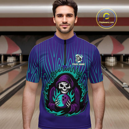 Custom Purple and Blue Flame Skull Reaper Bowling Shirts For Men, Personalized Bowling outfits men NQS11030