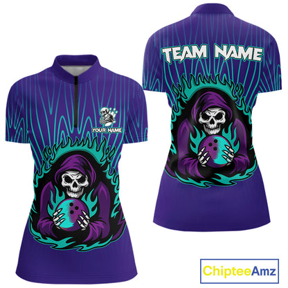 Custom Purple and Blue Flame Skull Reaper Bowling Shirts For Women, Personalized Team Bowling outfits NQS11030