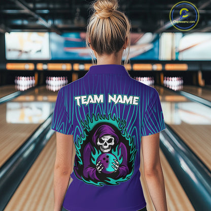 Custom Purple and Blue Flame Skull Reaper Bowling Shirts For Women, Personalized Team Bowling outfits NQS11030