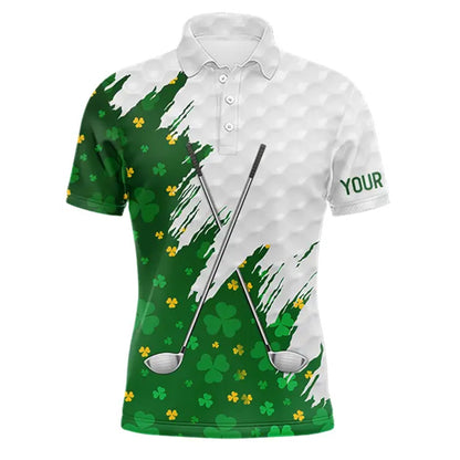 Green clover pattern St Patrick's day custom white Mens golf polo shirts, team mens golf tops NQS11421