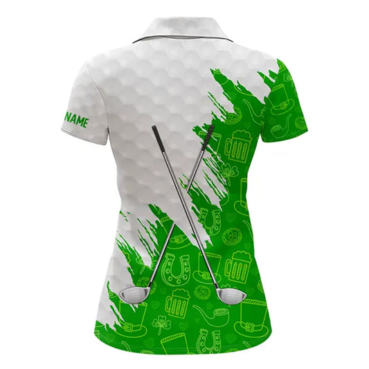 Green and White St Patrick's day pattern custom Womens golf polo shirts, team golf attire for ladies NQS11422