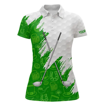 Green and White St Patrick's day pattern custom Womens golf polo shirts, team golf attire for ladies NQS11422