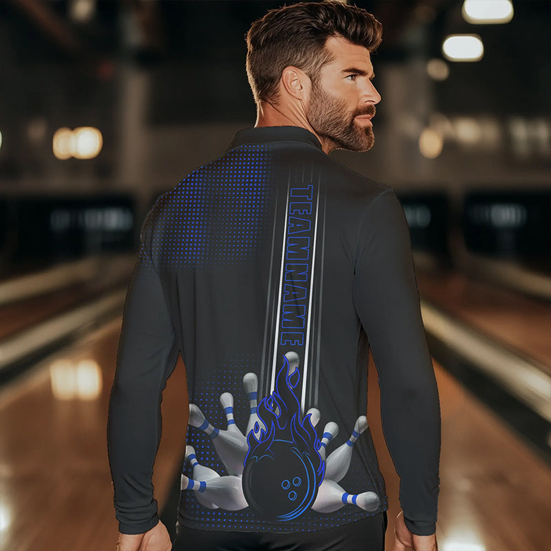 Personalized Black and Blue Flame Bowling Polo, Quarter Zip Shirts For Men Custom Bowling Team Jerseys NQS9497