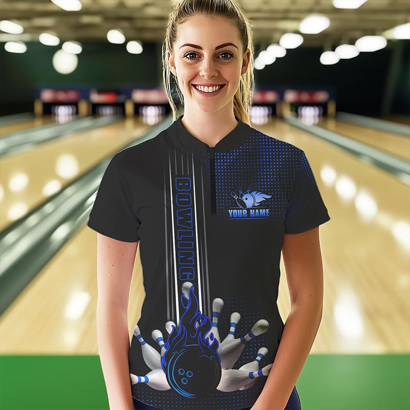 Personalized Black and Blue Flame Bowling Polo, Quarter Zip Shirt For Women Custom Bowling Team Jersey NQS9497