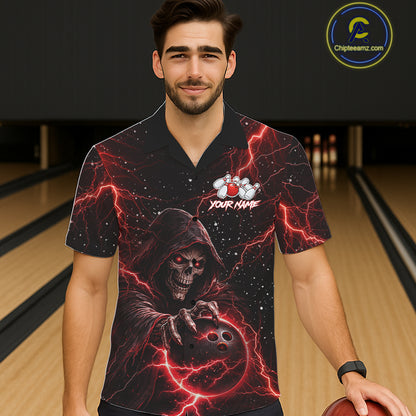 Custom Black And Red Lightning Thunder Skull Reaper Bowling Button-up Shirt, Hawaiian Bowling Jerseys NQS11623