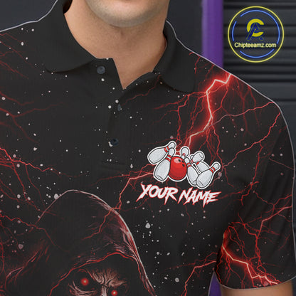 Custom Black And Red Lightning Thunder Skull Reaper Bowling Shirts For Men, Bowling Team Jerseys NQS11623