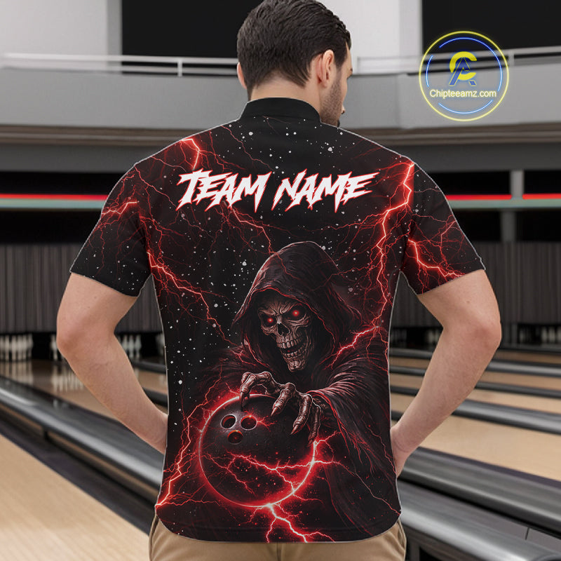 Custom Black And Red Lightning Thunder Skull Reaper Bowling Shirts For Men, Bowling Team Jerseys NQS11623