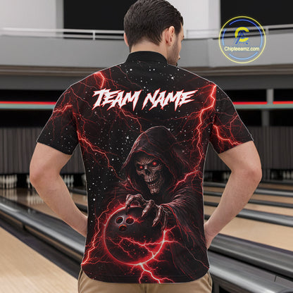 Custom Black And Red Lightning Thunder Skull Reaper Bowling Shirts For Men, Bowling Team Jerseys NQS11623