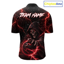 Load image into Gallery viewer, Custom Black And Red Lightning Thunder Skull Reaper Bowling Shirts For Men, Bowling Team Jerseys NQS11623