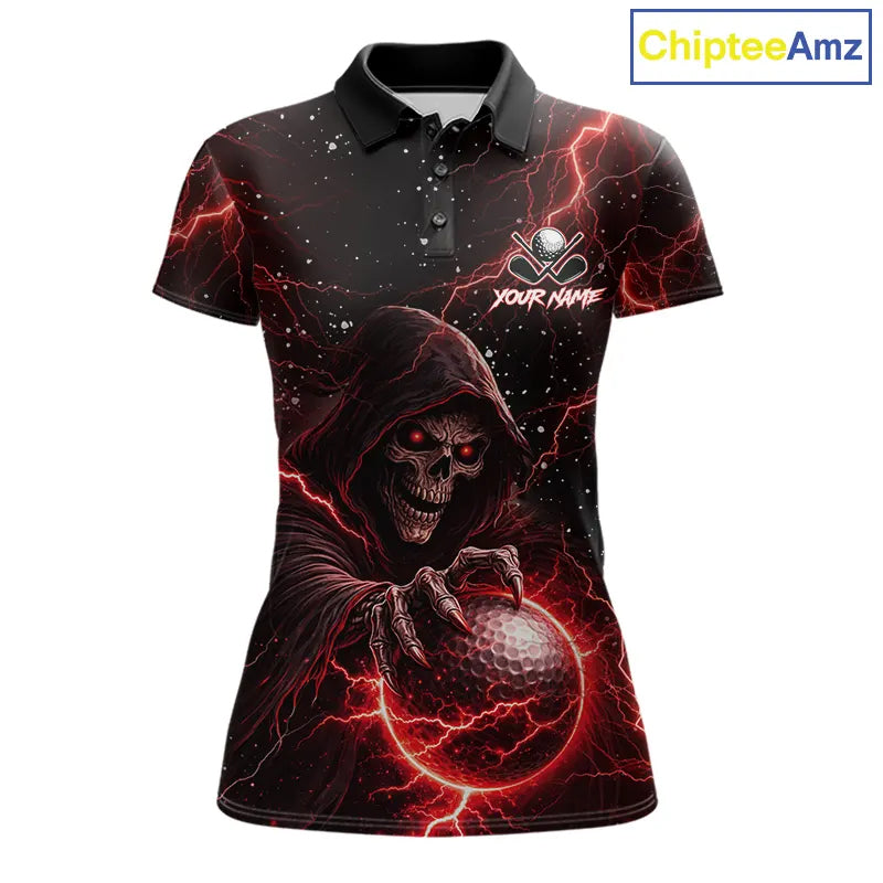 Custom Black And Red Lightning Thunder Skull Reaper Womens Golf Polo Shirt, ladies golf apparel NQS11624