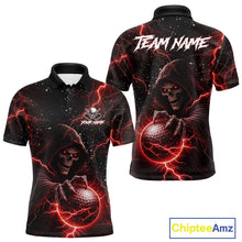 Load image into Gallery viewer, Custom Black And Red Lightning Thunder Skull Reaper Mens Golf Polo Shirt, men's golf apparel NQS11624