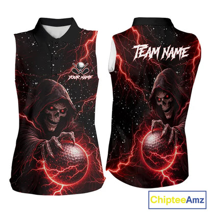 Custom Black And Red Lightning Thunder Skull Reaper Womens Sleeveless Golf Shirt, ladies golf apparel NQS11624