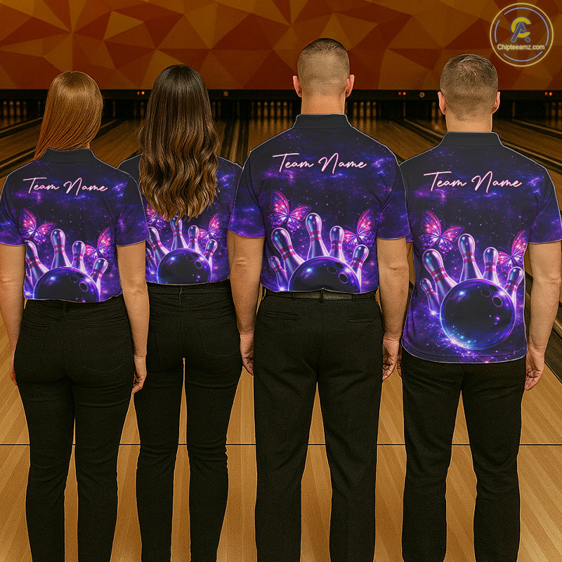 Custom Purple Galaxy Butterfly Bowling Shirts For Women, Bowling Team Shirt With Butterflies NQS11627
