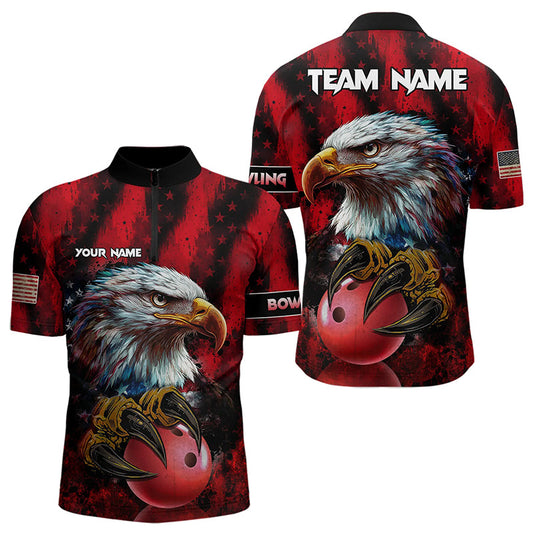 American Flag Eagle Bowling Polo, Quarter Zip Shirts For Men Custom Name Patriotic Bowling Team Jersey NQS9660