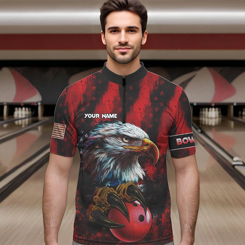 American Flag Eagle Bowling Polo, Quarter Zip Shirts For Men Custom Name Patriotic Bowling Team Jersey NQS9660