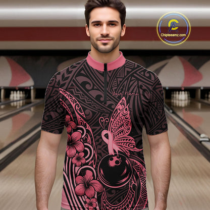 Black and Pink tropical tribal pattern butterfly Bowling Shirts For Men Custom Bowling Team Jerseys NQS11731