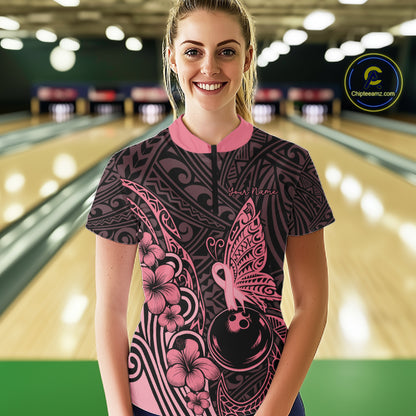 Black and Pink tropical tribal pattern butterfly Bowling Shirts For Women Custom Bowling Team Jerseys NQS11731