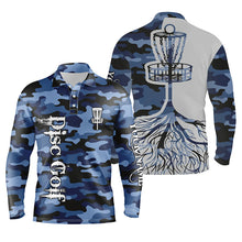 Load image into Gallery viewer, Mens disc golf polo shirt custom name blue camo disc golf basket, personalized disc golf shirts NQS5698