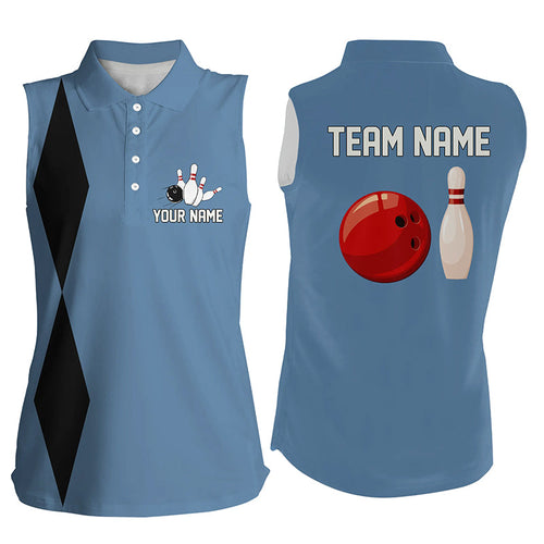 Personalized Retro Bowling sleeveless polo shirt For women custom vintage bowling team jersey | Blue NQS7803